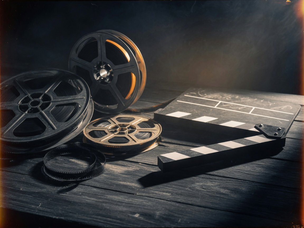 Vintage film reels and clapperboard in moody cinematic light