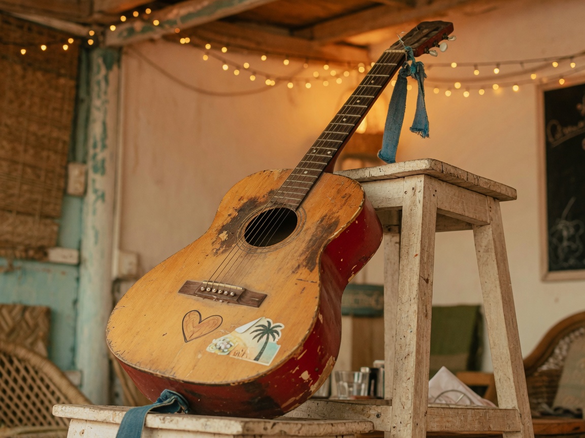 Vintage acoustic guitar in warm open mic café light